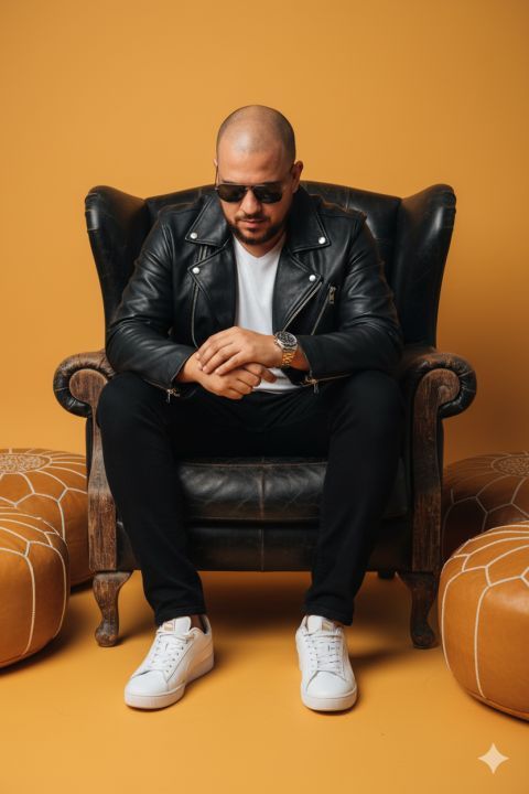 Realistic photo studio portrait man leather jacket amber background