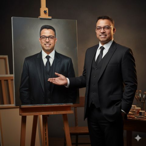 Hyperrealistic cinematic portrait man easel painting himself elegant suit