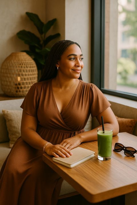 Cozy café woman thoughtful window warm cinematic light