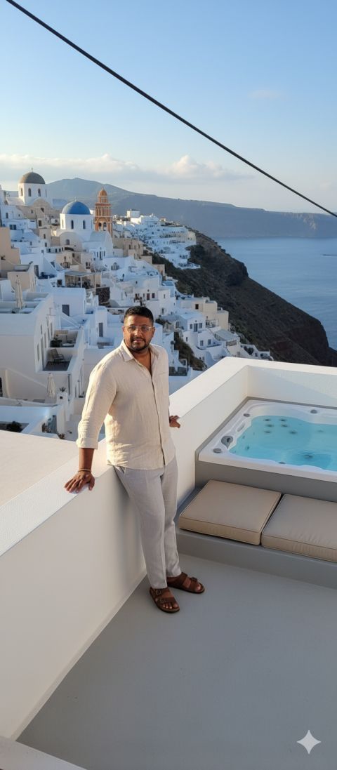 Ultra-realistic man Santorini cinematic photography elegant clothing