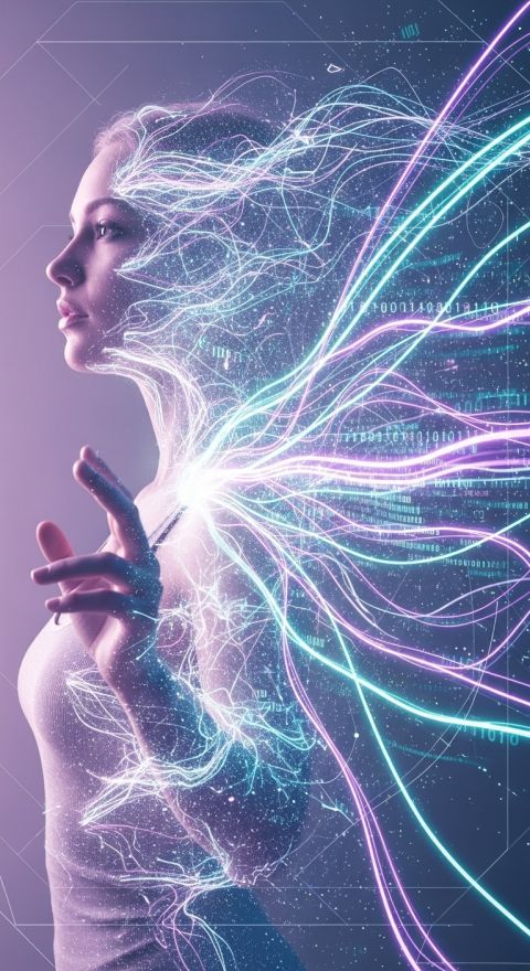 Surreal woman portrait dissolving into glowing energy and code