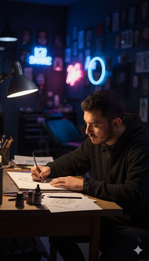 Realistic man drawing in dark tattoo studio with neon lights