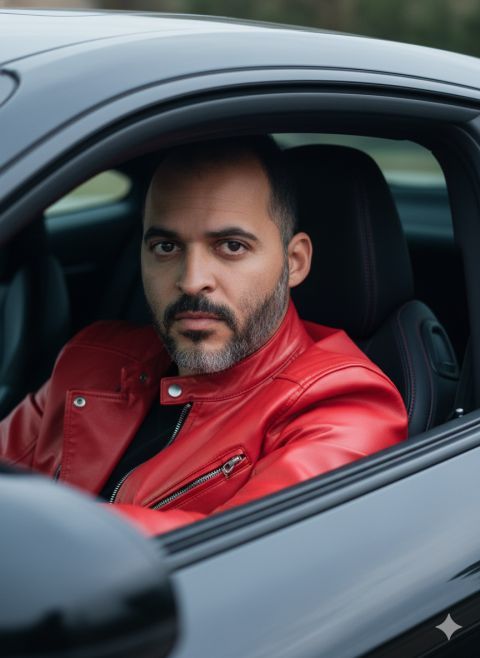 Hyperrealistic portrait in sports car cinematic style