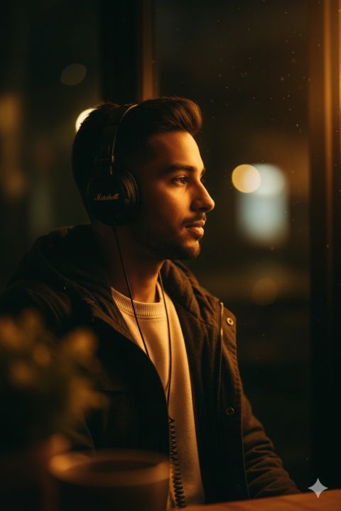 Moody cinematic portrait man with headphones amber lighting