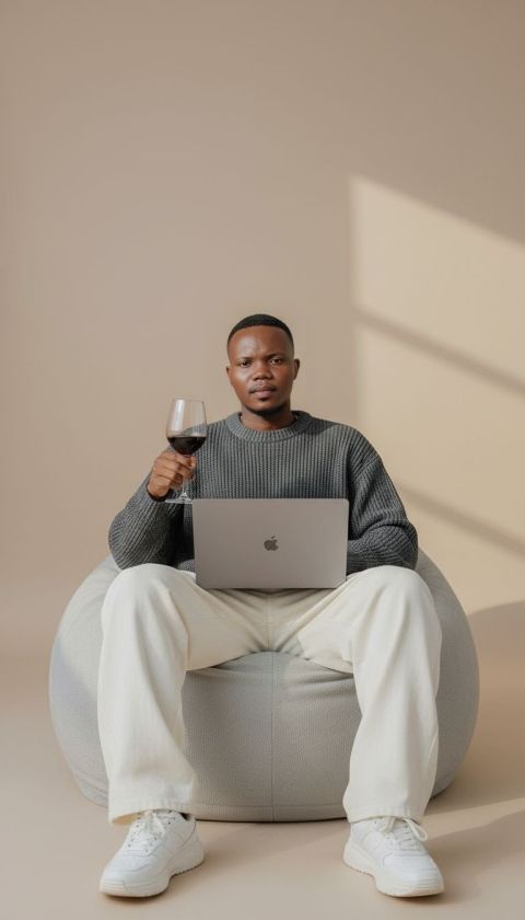 Stylish male model fashion photography MacBook Pro wine