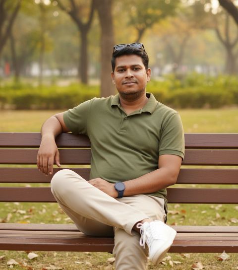 Asian man park bench realistic photo casual attire