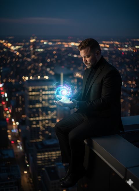 Man on skyscraper edge with swirling energy vortex