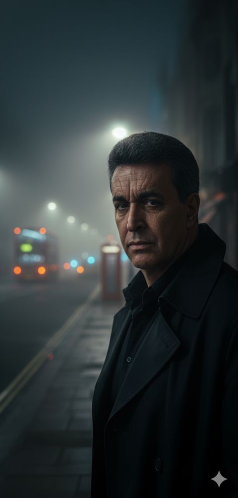 Night London street film noir AI cinematic image