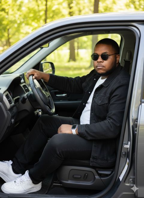 Realistic 8K photo young Black man 4x4 car