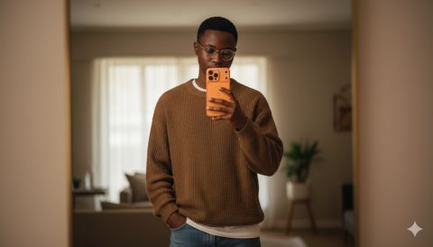 Realistic mirror selfie man brown sweater orange iPhone