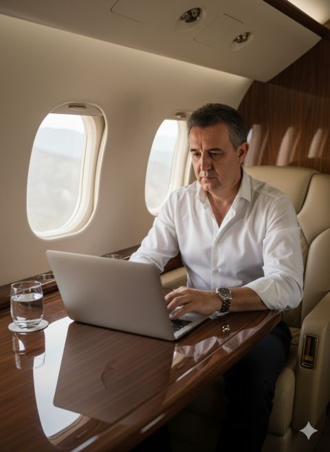 Realistic executive jet travel photo using your face