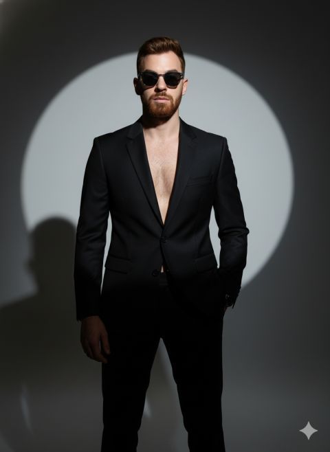 Cinematic Black Suit Model: Realistic Face, Bold Elegance