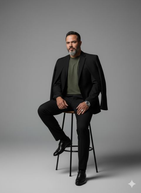 AI recreate photo scene man sitting on bench studio