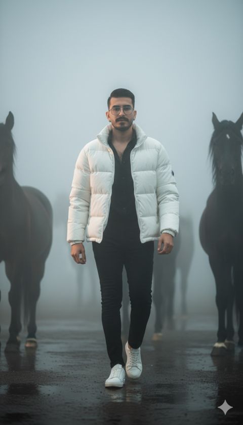 Cinematic foggy scene man in white jacket with horses