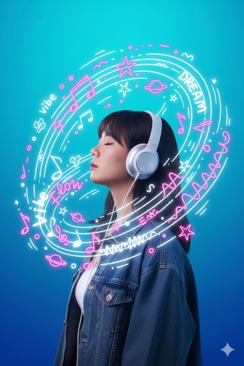 Surreal modern poster young woman lost in musical galaxy