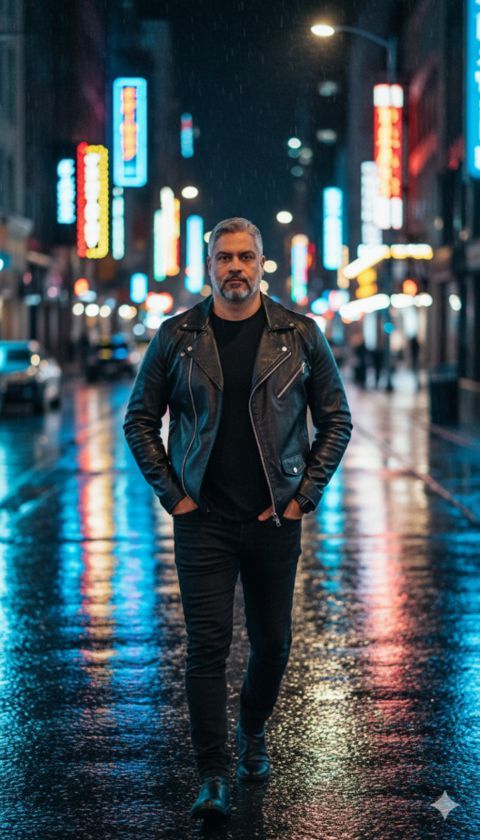 Man walks wet city street night neon reflections cinematic