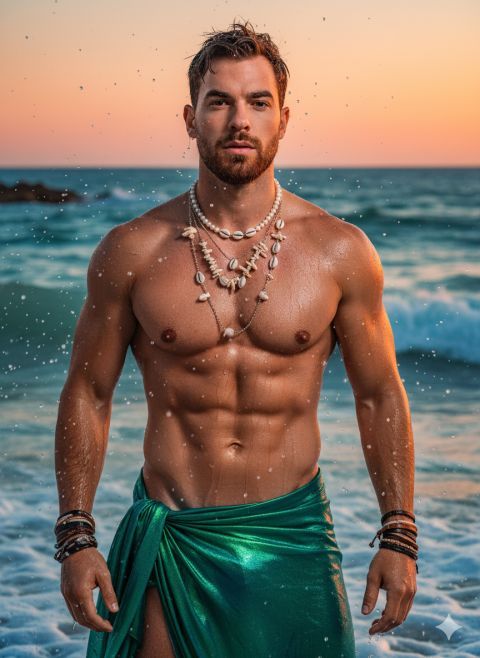 Hyperrealistic fashion model photo sunset ocean waves