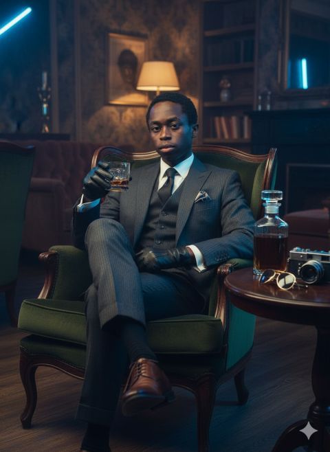 Cinematic 70s lounge portrait of a man in a suit