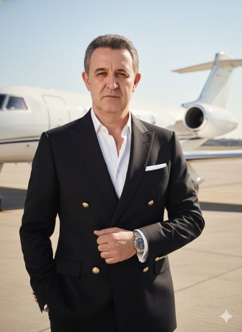 Realistic photo of you as a confident businessman with private jet