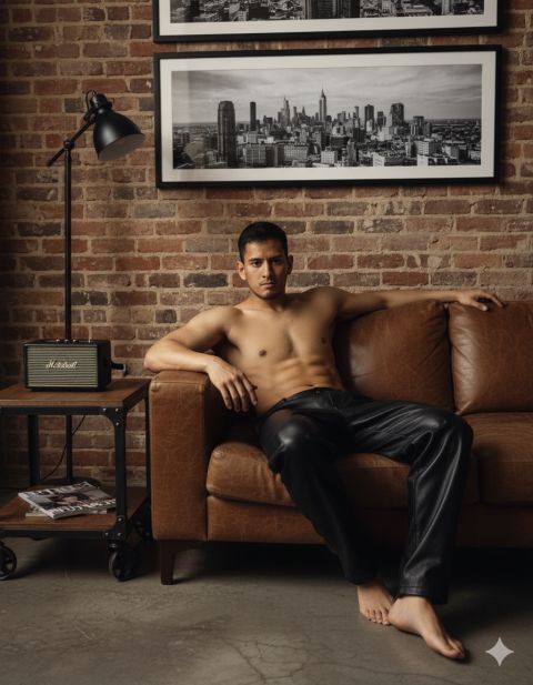 Muscular man reclines on leather sofa stylish loft fashion photoshoot