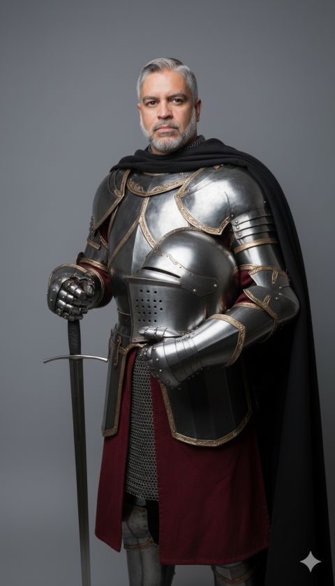 Armored knight with sword in ready pose gray background