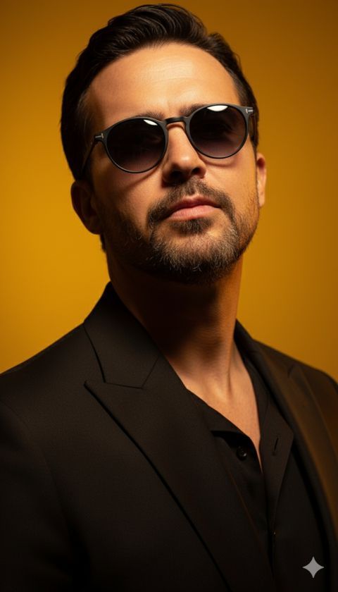 Confident man portrait edit vintage sunglasses golden amber background