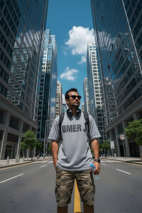 Young man city portrait cinematic low angle hyper realistic