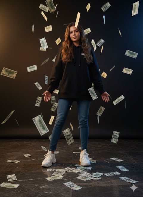 Man showered in cash cinematic streetwear low angle shot