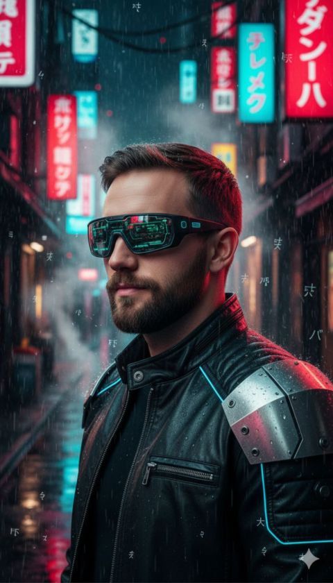 Man in futuristic Tokyo alley photorealistic portrait