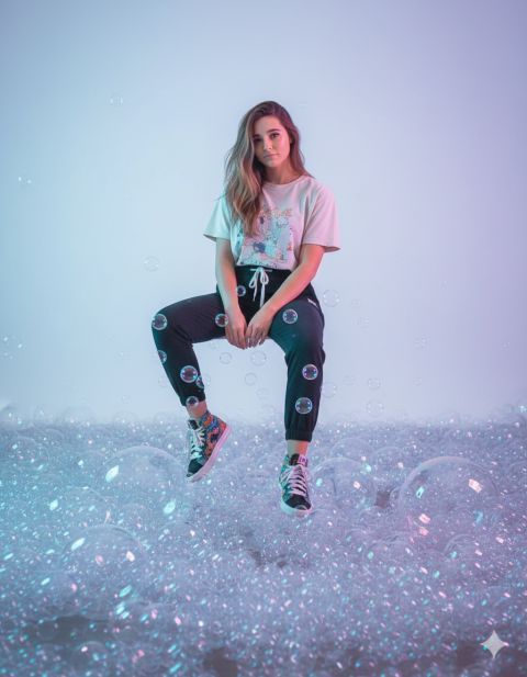 Surreal portrait invisible chair floating soap bubbles streetwear