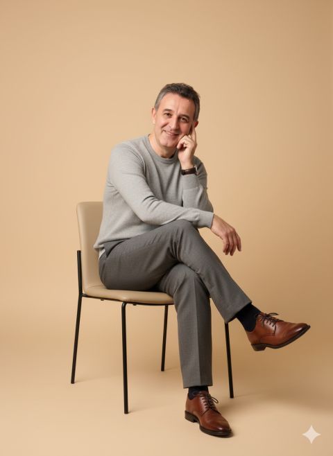 Realistic studio portrait stylish man on minimalist chair