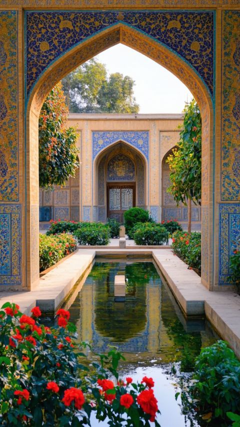 Tranquil Persian garden photorealistic scene with pool