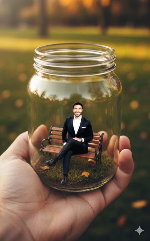 Miniature person in glass jar park photorealistic magic light
