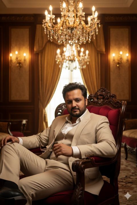 Handsome man in beige suit relaxing in luxurious room