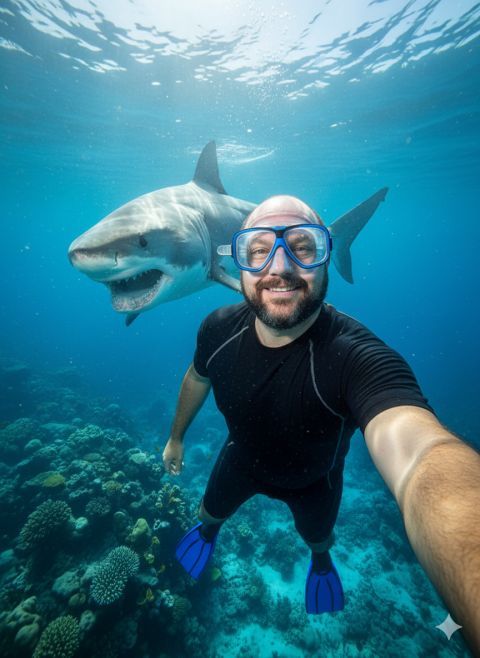 Ultra-realistic underwater selfie with shark Great Barrier Reef