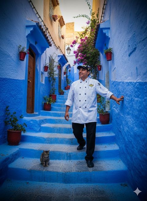 Woman in blue Chefchaouen streets golden hour photorealistic