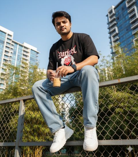 Young man streetwear style iced drink outdoor photo