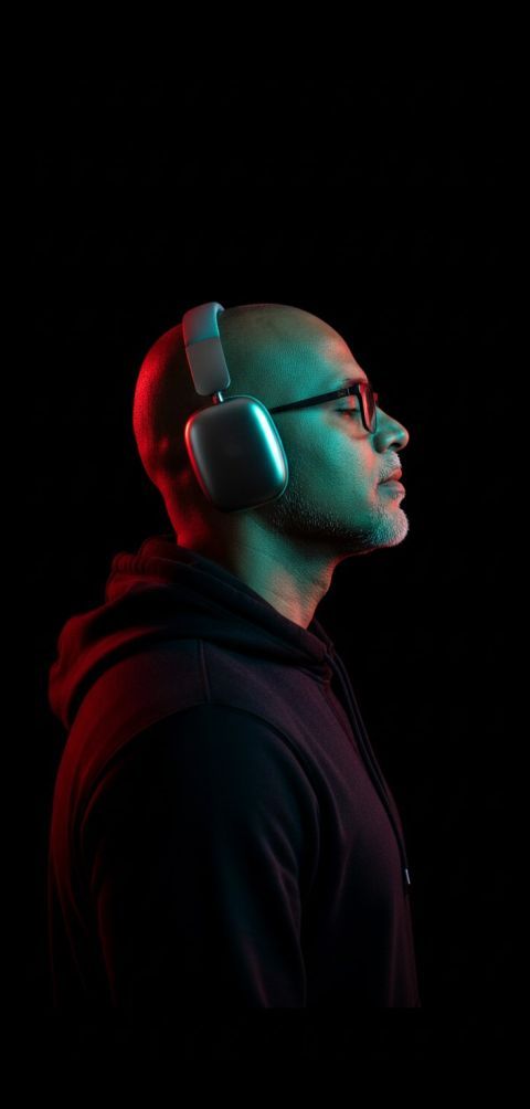 AI portrait side profile calm eyes closed black background dual neon