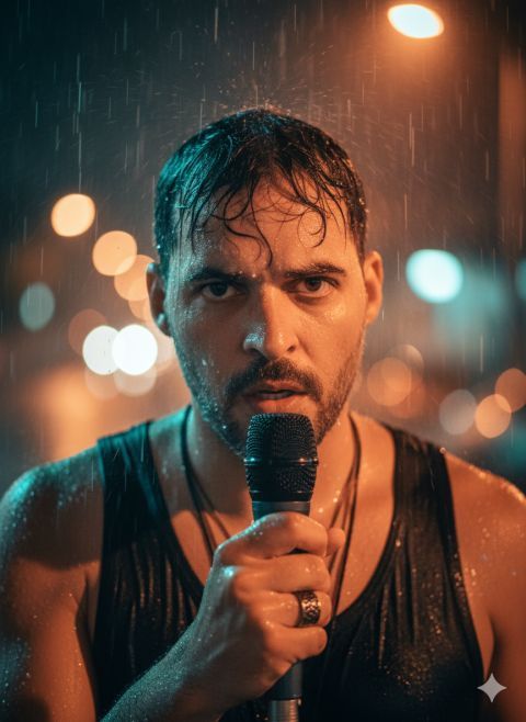 Night rain portrait intense gaze wet face microphone close-up