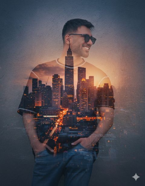 Man silhouette city skyline double exposure creative edit
