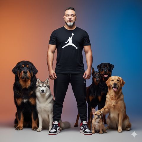 Confident man studio poster with diverse dogs