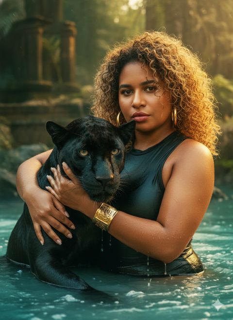 Cinematic portrait wet woman black panther golden light elegance