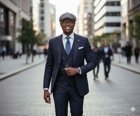 Hyperrealistic 8K studio portrait of man in blue suit