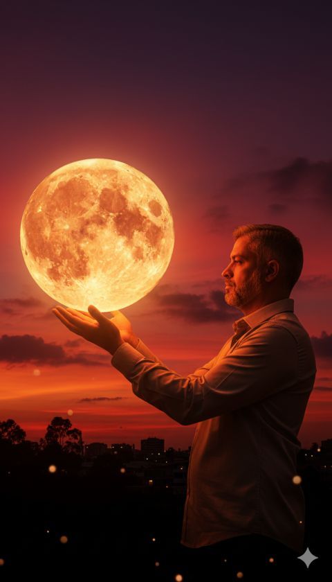 Man Holds Giant Moon Sunset Cinematic Portrait