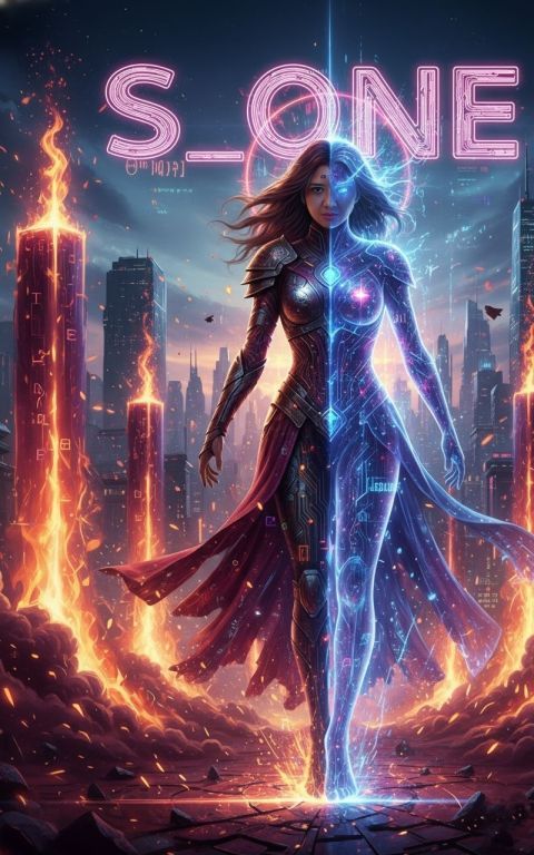 Majestic reborn figures digital ashes neon flames technology rebirth