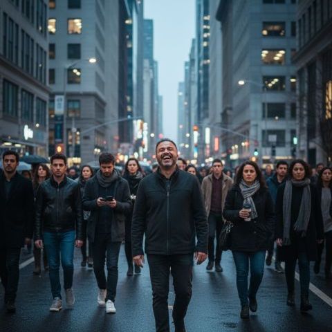 Joyful contrast in a cinematic indifferent city crowd