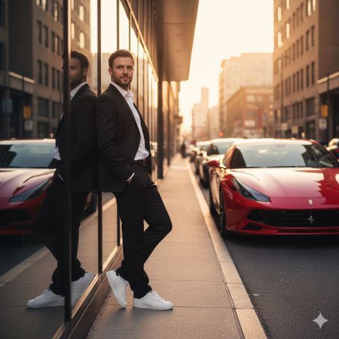 Ultra-realistic urban portrait golden hour Ferrari suit