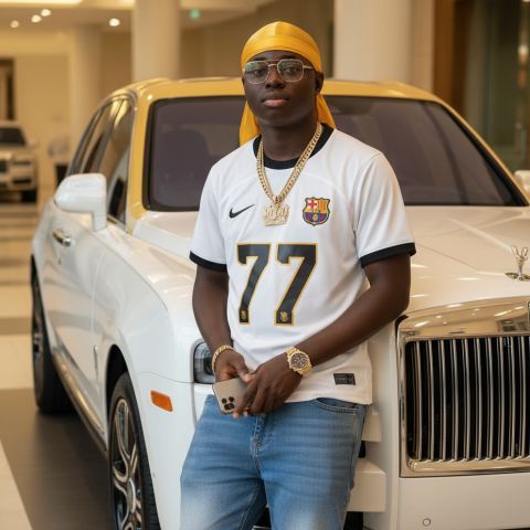 Stylish Black man Rolls Royce portrait with custom license plate