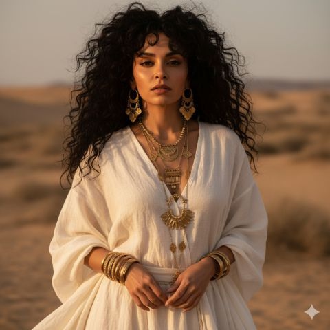 Bohemian Desert Woman Portrait Warm Golden Jewelry Editorial
