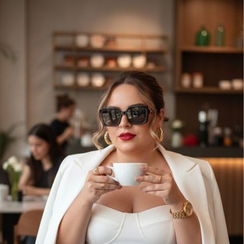 Realistic woman café portrait with high fashion style